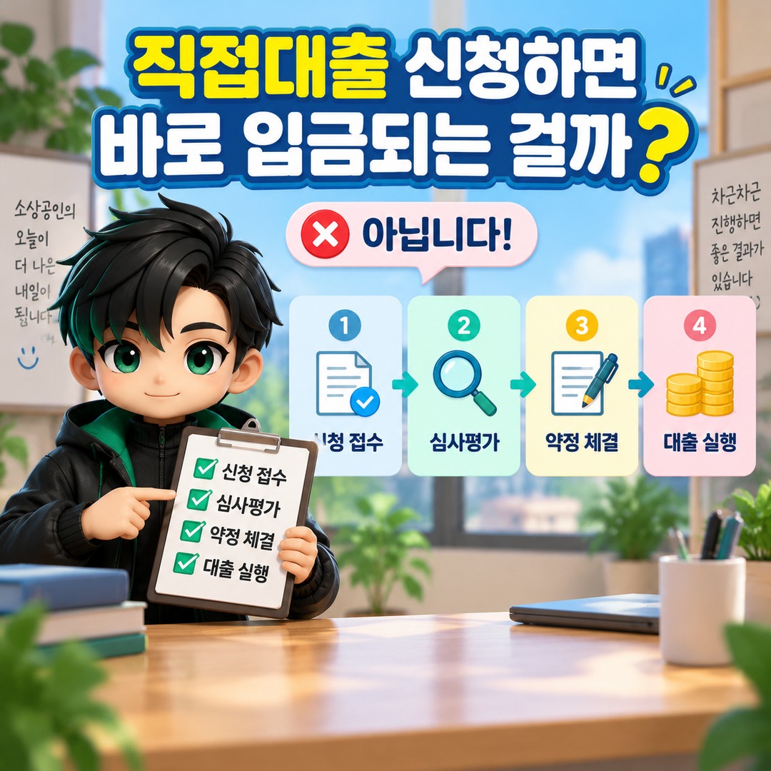 소상공인 직접대출 신청 후 승인까지 얼마나 걸릴까? 접수 다음 단계와 입금 전 확인할 점 - 직접대출 신청하면 바로 입금되는 걸까? 핵심 내용을 정리한 정보형 이미지