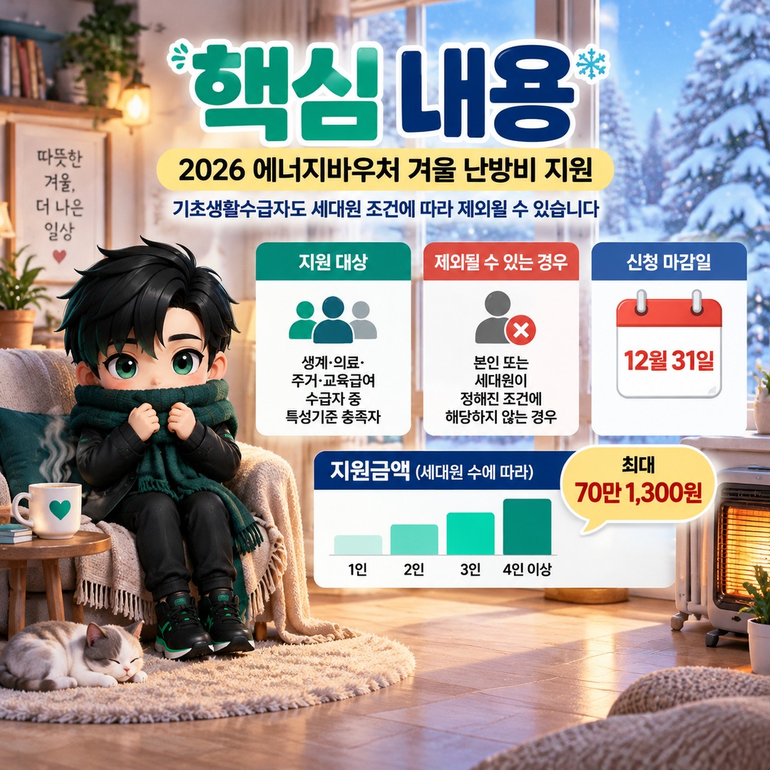 2026 에너지바우처 겨울 난방비 지원, 기초생활수급자도 세대원 조건에 따라 제외되는 경우 - 핵심 내용 핵심 내용을 정리한 정보형 이미지