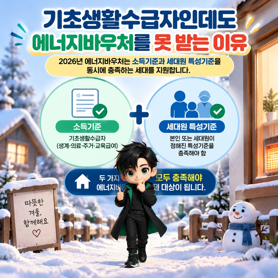 2026 에너지바우처 겨울 난방비 지원, 기초생활수급자도 세대원 조건에 따라 제외되는 경우 - 기초생활수급자인데도 에너지바우처를 못 받는 이유 핵심 내용을 정리한 정보형 이미지