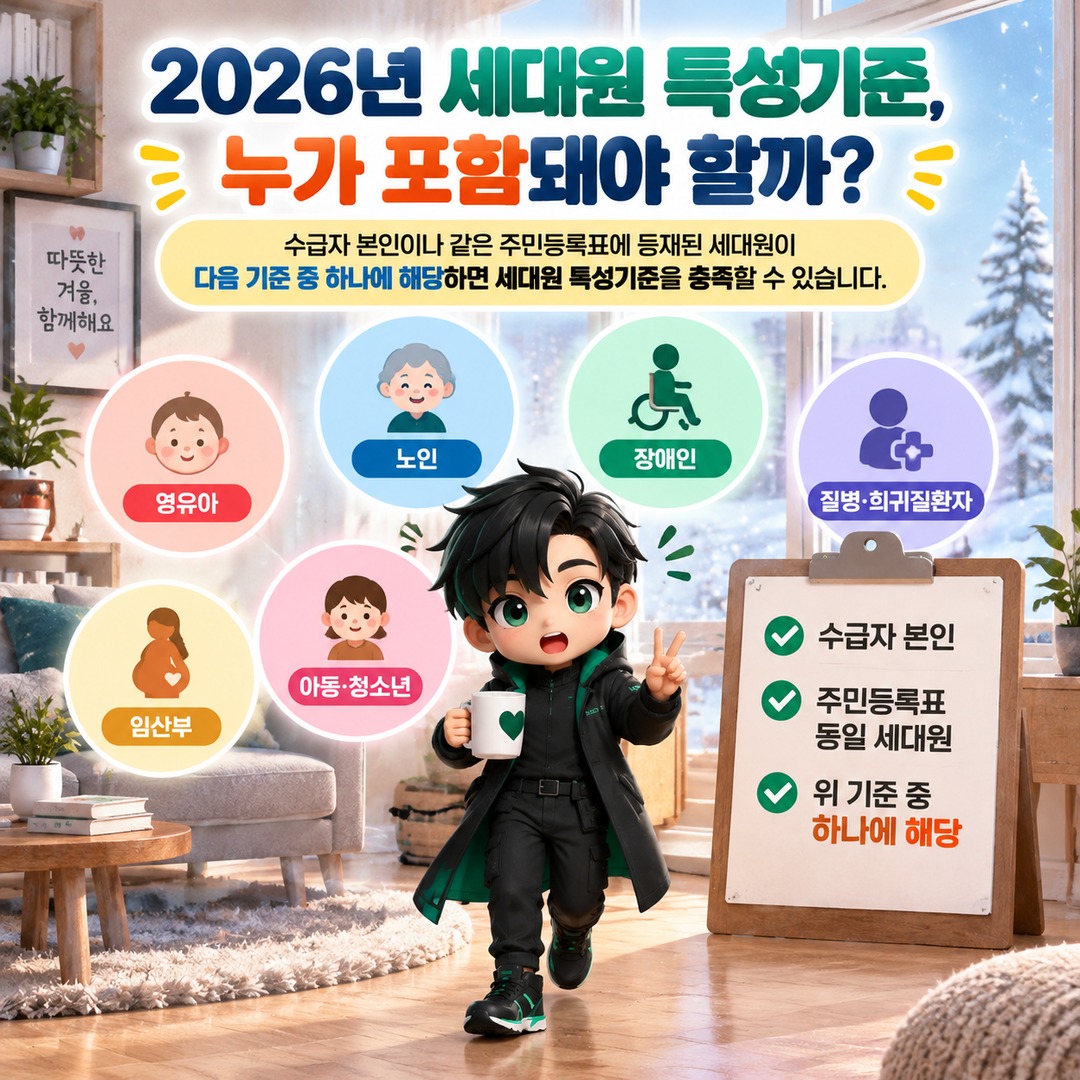 2026 에너지바우처 겨울 난방비 지원, 기초생활수급자도 세대원 조건에 따라 제외되는 경우 - 2026년 세대원 특성기준, 누가 포함돼야 할까 핵심 내용을 정리한 정보형 이미지
