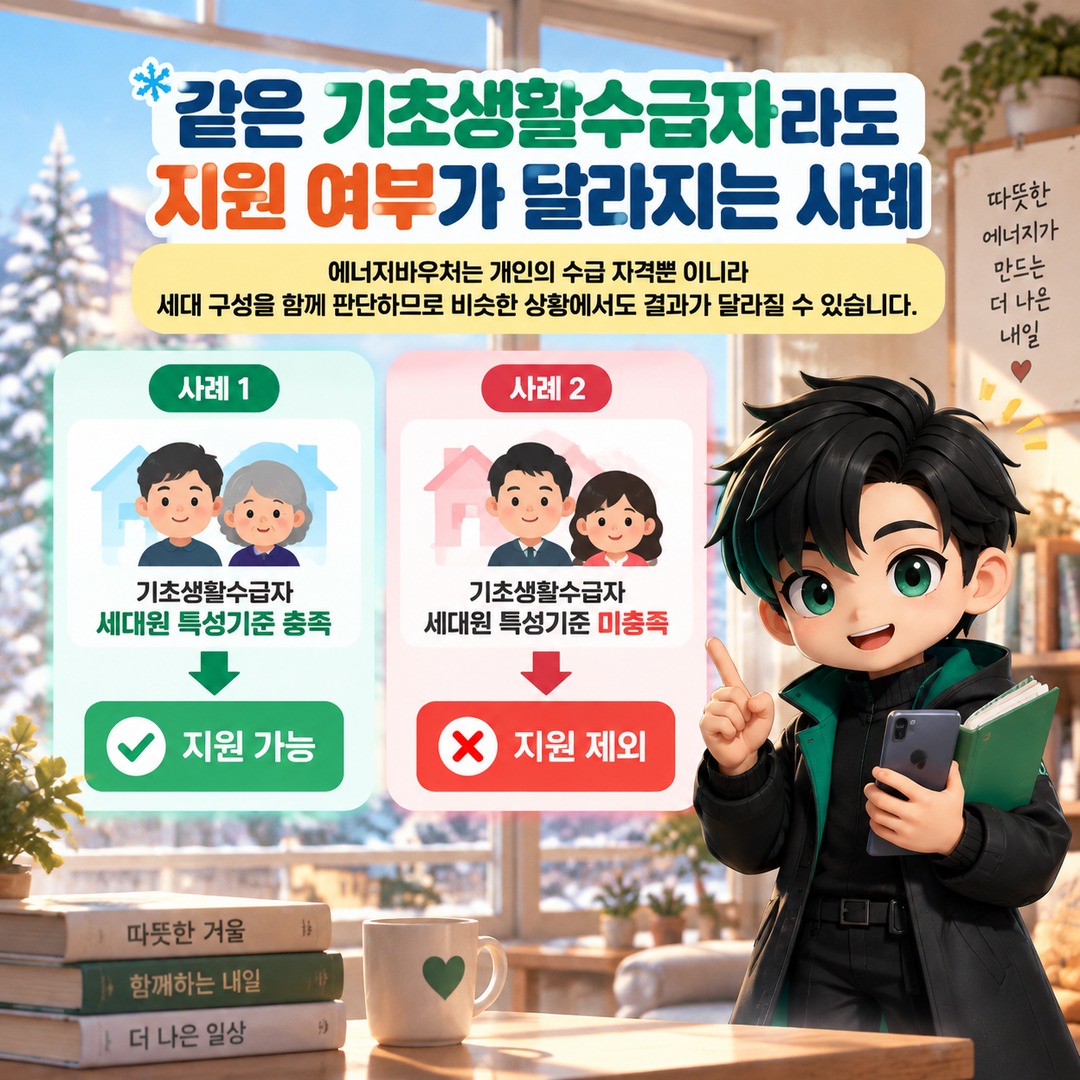 2026 에너지바우처 겨울 난방비 지원, 기초생활수급자도 세대원 조건에 따라 제외되는 경우 - 같은 기초생활수급자라도 지원 여부가 달라지는 사례 핵심 내용을 정리한 정보형 이미지
