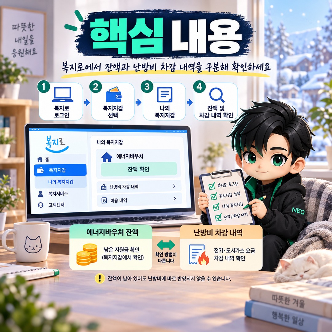 2026 에너지바우처 잔액조회 어디서 할까? 복지로 확인 방법과 난방비 차감 내역 보는 법 - 핵심 내용 핵심 내용을 정리한 정보형 이미지