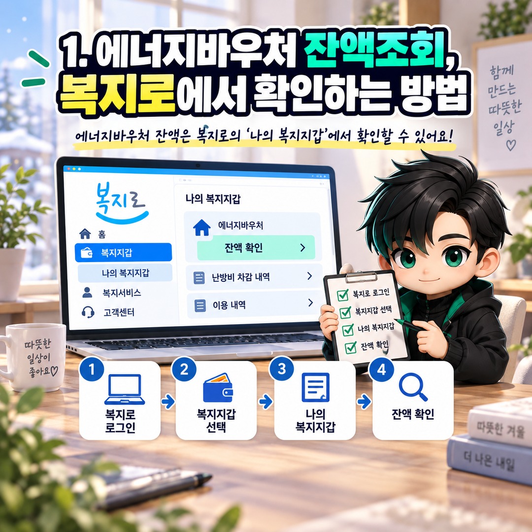 2026 에너지바우처 잔액조회 어디서 할까? 복지로 확인 방법과 난방비 차감 내역 보는 법 - 1. 에너지바우처 잔액조회, 복지로에서 확인하는 방법 핵심 내용을 정리한 정보형 이미지