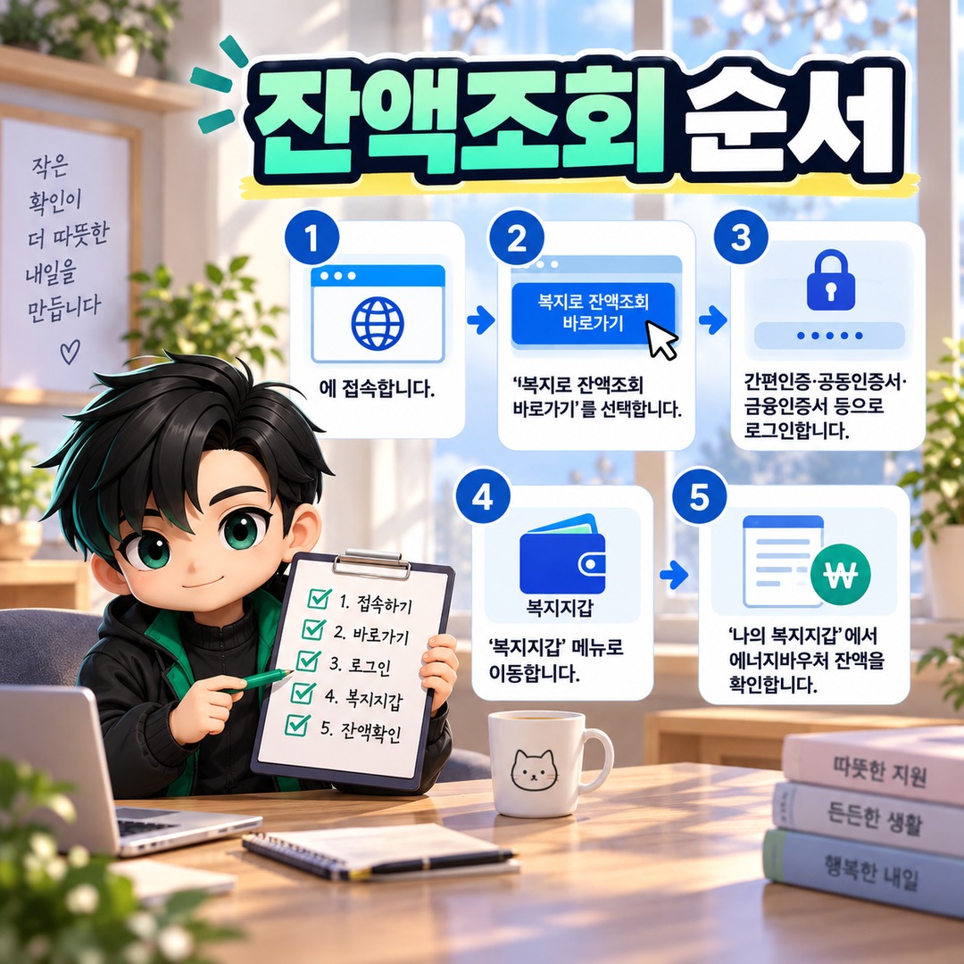 2026 에너지바우처 잔액조회 어디서 할까? 복지로 확인 방법과 난방비 차감 내역 보는 법 - 잔액조회 순서 핵심 내용을 정리한 정보형 이미지