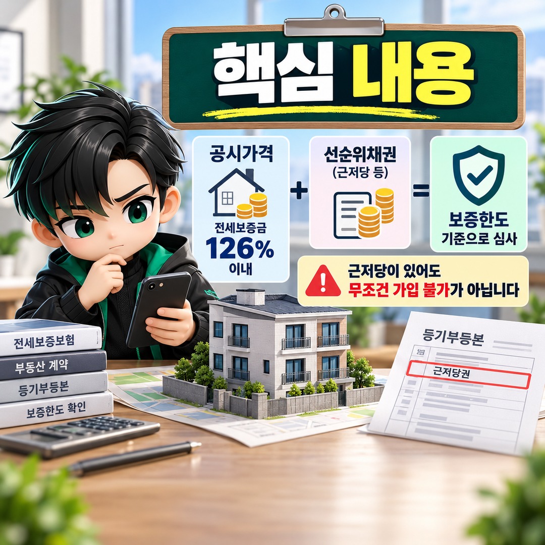 빌라 전세보증보험 공시가격 126% 이내라도 근저당이 있으면 가입 조건이 달라진다 - 핵심 내용 핵심 내용을 정리한 정보형 이미지