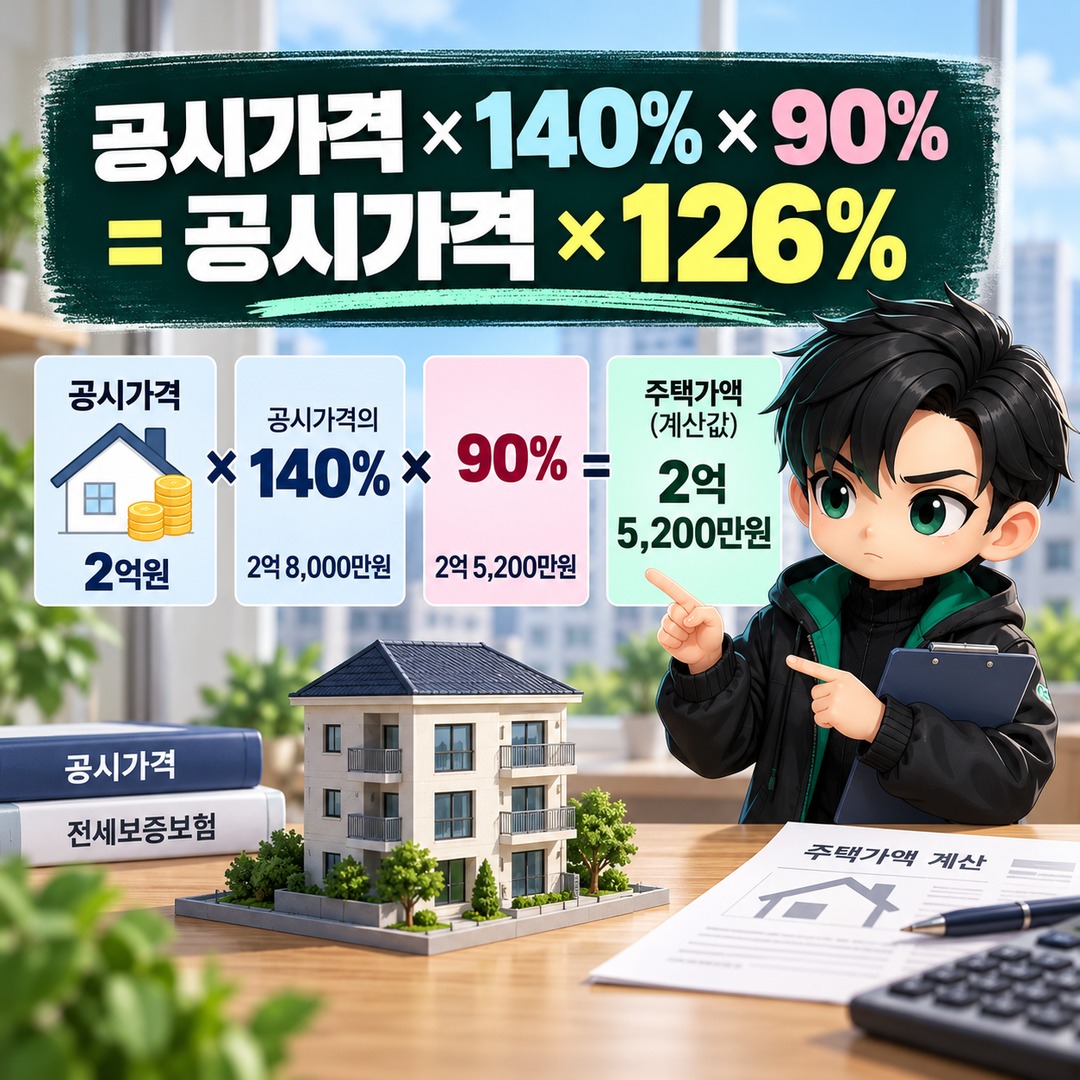 빌라 전세보증보험 공시가격 126% 이내라도 근저당이 있으면 가입 조건이 달라진다 - 공시가격 × 140% × 90% = 공시가격 × 126% 핵심 내용을 정리한 정보형 이미지