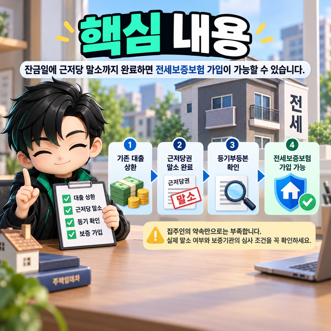 전세보증보험 가입 전 근저당 말소하면 가능할까? 잔금일 동시말소와 확인 방법 - 핵심 내용 핵심 내용을 정리한 정보형 이미지