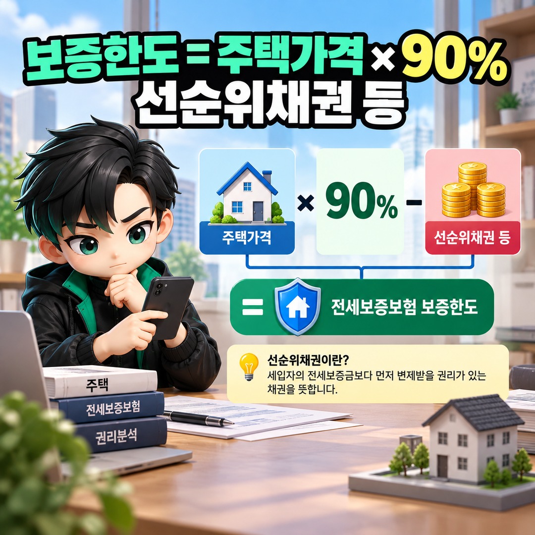 전세보증보험 가입 전 근저당 말소하면 가능할까? 잔금일 동시말소와 확인 방법 - 보증한도 = 주택가격 × 90% 선순위채권 등 핵심 내용을 정리한 정보형 이미지