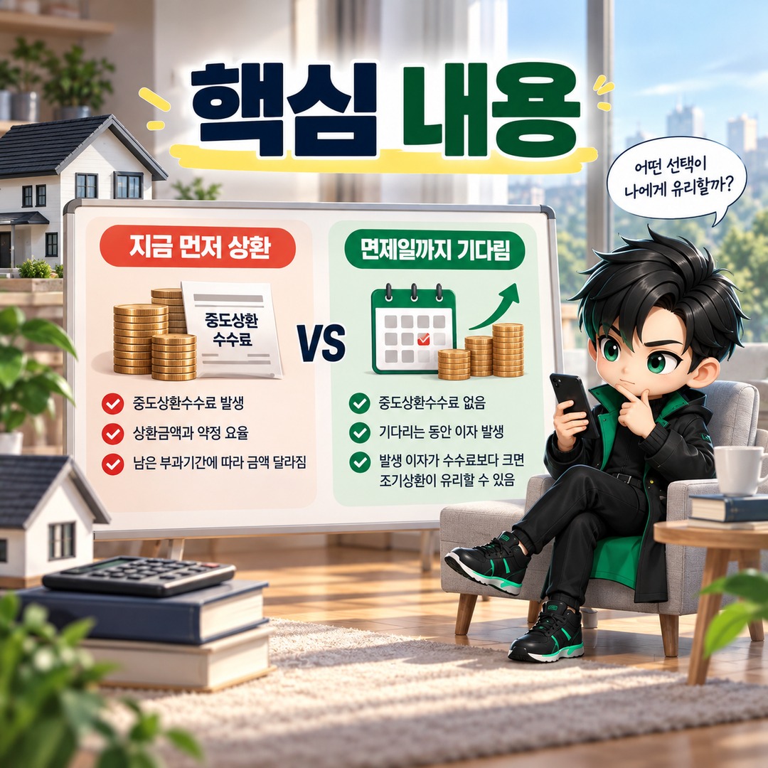 주택담보대출 중도상환수수료, 3년 전 상환 비용과 면제일까지 기다릴 때의 이자 차이 - 핵심 내용 핵심 내용을 정리한 정보형 이미지
