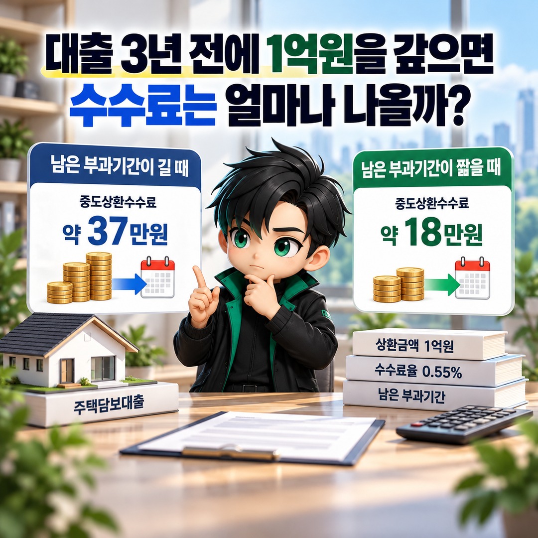 주택담보대출 중도상환수수료, 3년 전 상환 비용과 면제일까지 기다릴 때의 이자 차이 - 대출 3년 전에 1억원을 갚으면 수수료는 얼마나 나올까? 핵심 내용을 정리한 정보형 이미지
