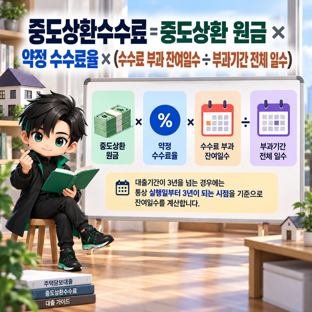 주택담보대출 중도상환수수료, 3년 전 상환 비용과 면제일까지 기다릴 때의 이자 차이 - 중도상환수수료 = 중도상환 원금 × 약정 수수료율 × (수수료 부과 잔여일수 ÷ 부과기간 전체 일수) 핵심 내용을 정리한 정보형 이미지