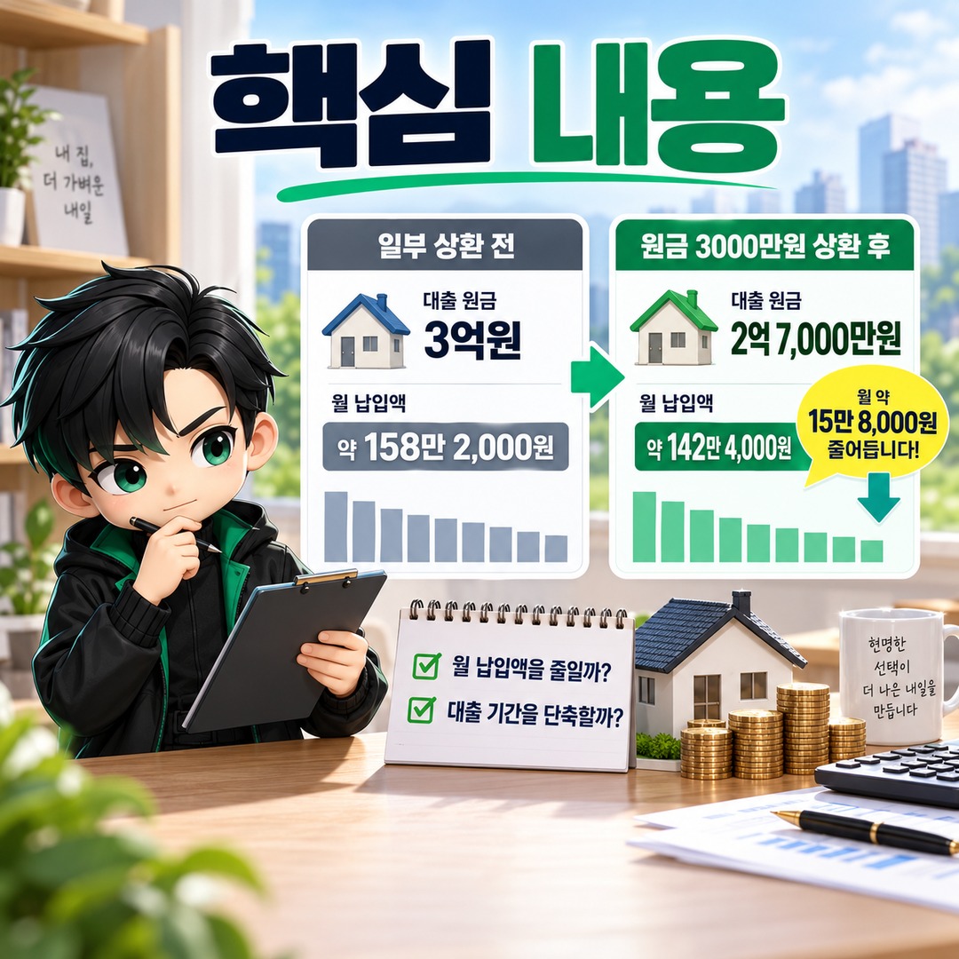 주담대 원금 3000만원 일부 상환하면 월 납입액 얼마나 줄까? 기간 단축과 실제 차이 - 핵심 내용 핵심 내용을 정리한 정보형 이미지