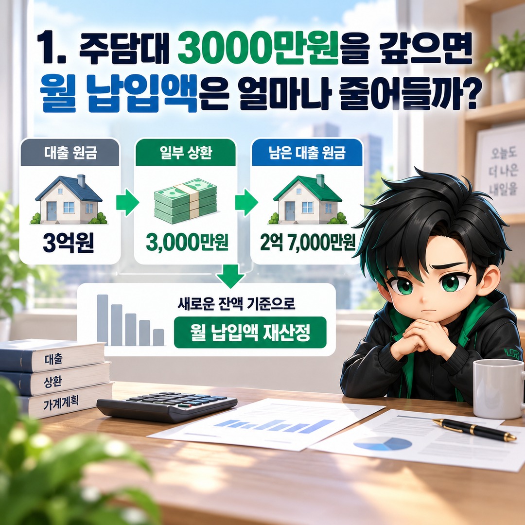 주담대 원금 3000만원 일부 상환하면 월 납입액 얼마나 줄까? 기간 단축과 실제 차이 - 1. 주담대 3000만원을 갚으면 월 납입액은 얼마나 줄어들까? 핵심 내용을 정리한 정보형 이미지