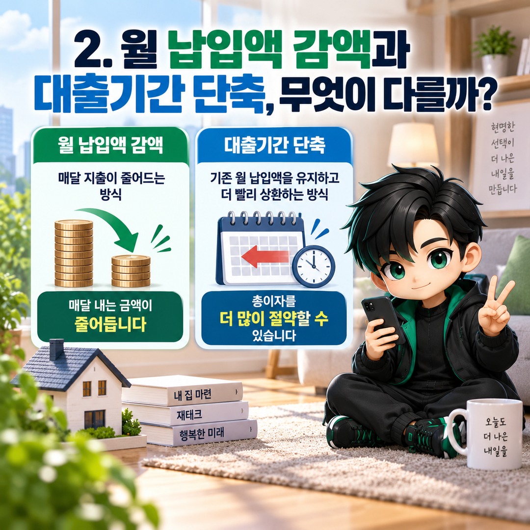 주담대 원금 3000만원 일부 상환하면 월 납입액 얼마나 줄까? 기간 단축과 실제 차이 - 2. 월 납입액 감액과 대출기간 단축, 무엇이 다를까? 핵심 내용을 정리한 정보형 이미지