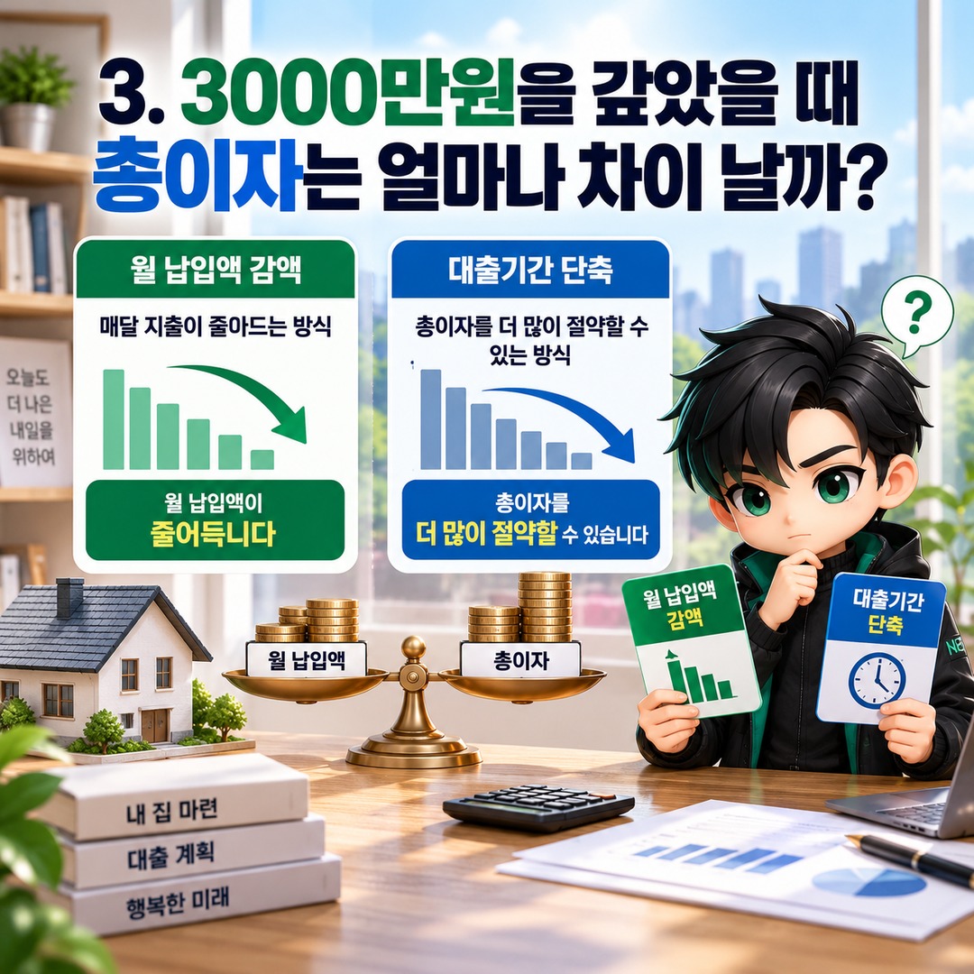 주담대 원금 3000만원 일부 상환하면 월 납입액 얼마나 줄까? 기간 단축과 실제 차이 - 3. 3000만원을 갚았을 때 총이자는 얼마나 차이 날까? 핵심 내용을 정리한 정보형 이미지
