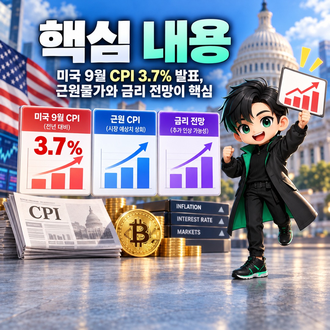 미국 CPI 3.7% 발표, 비트코인 하락 압력은 근원물가와 금리 전망에서 갈렸다 - 핵심 내용 핵심 내용을 정리한 정보형 이미지