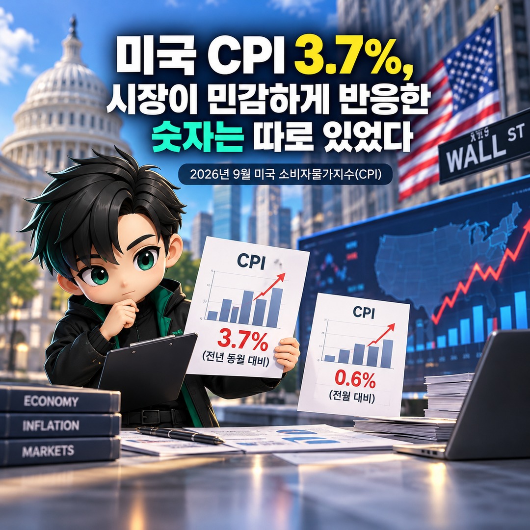 미국 CPI 3.7% 발표, 비트코인 하락 압력은 근원물가와 금리 전망에서 갈렸다 - 미국 CPI 3.7%, 시장이 민감하게 반응한 숫자는 따로 있었다 핵심 내용을 정리한 정보형 이미지
