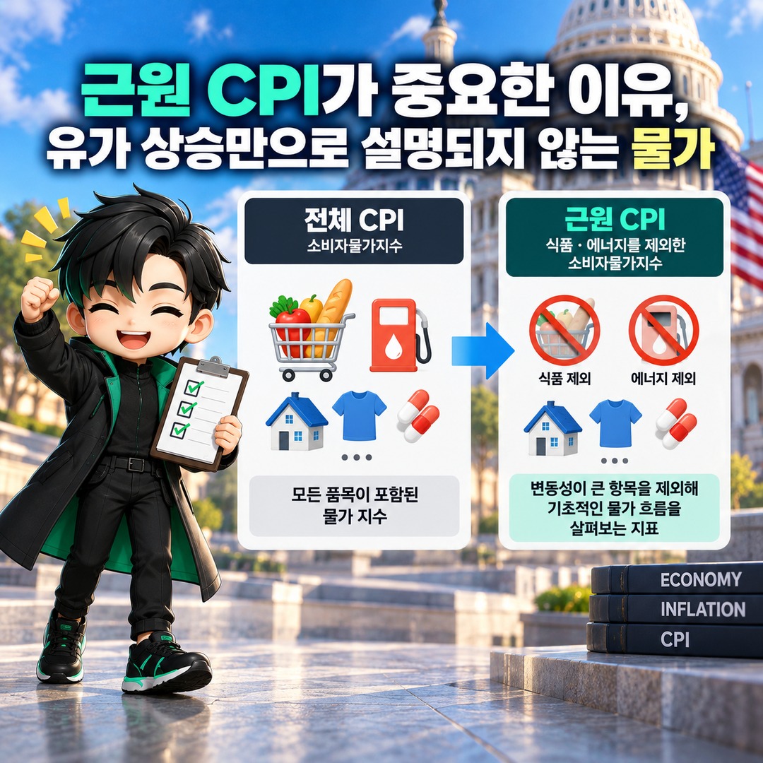 미국 CPI 3.7% 발표, 비트코인 하락 압력은 근원물가와 금리 전망에서 갈렸다 - 근원 CPI가 중요한 이유, 유가 상승만으로 설명되지 않는 물가 핵심 내용을 정리한 정보형 이미지