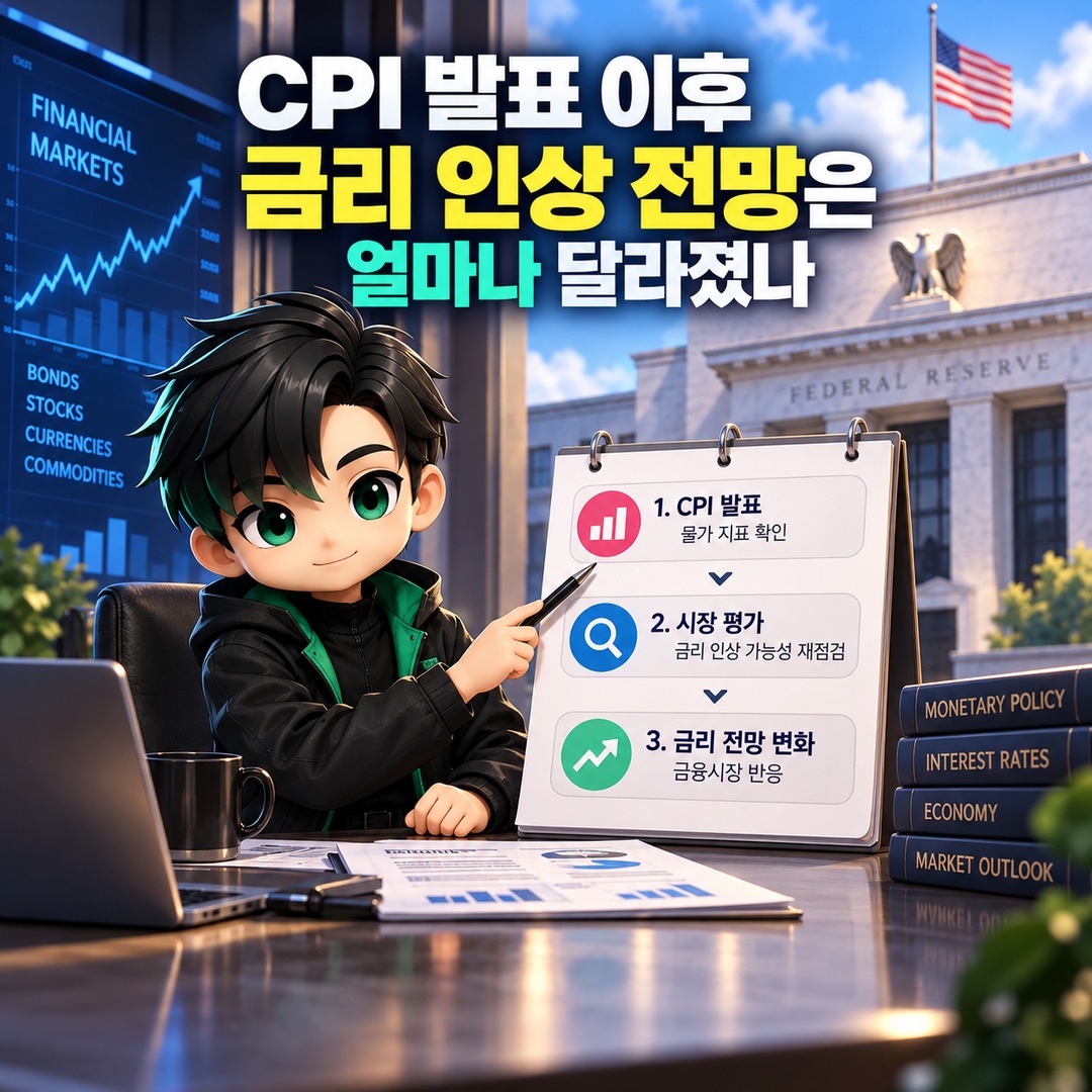 미국 CPI 3.7% 발표, 비트코인 하락 압력은 근원물가와 금리 전망에서 갈렸다 - CPI 발표 이후 금리 인상 전망은 얼마나 달라졌나 핵심 내용을 정리한 정보형 이미지