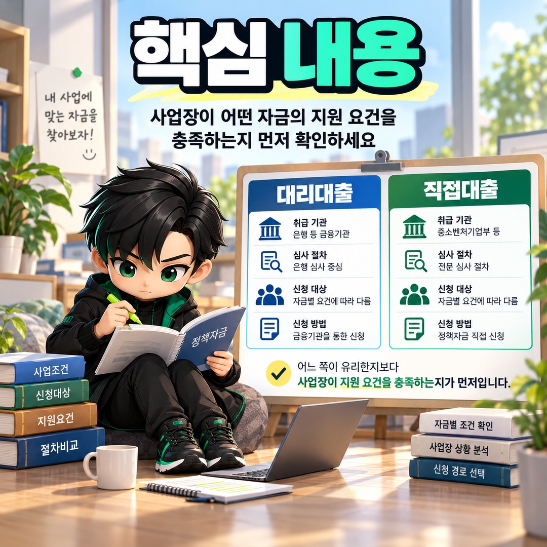2026 소상공인 대리대출·직접대출 비교, 사업장 조건에 따라 달라지는 신청 경로 - 핵심 내용 핵심 내용을 정리한 정보형 이미지