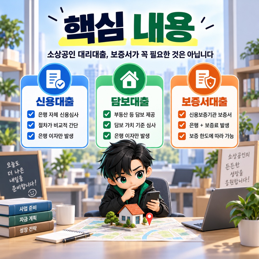 2026 소상공인 대리대출 보증서 꼭 필요할까? 신용대출·보증서대출 신청 경로와 비용 차이 - 핵심 내용 핵심 내용을 정리한 정보형 이미지