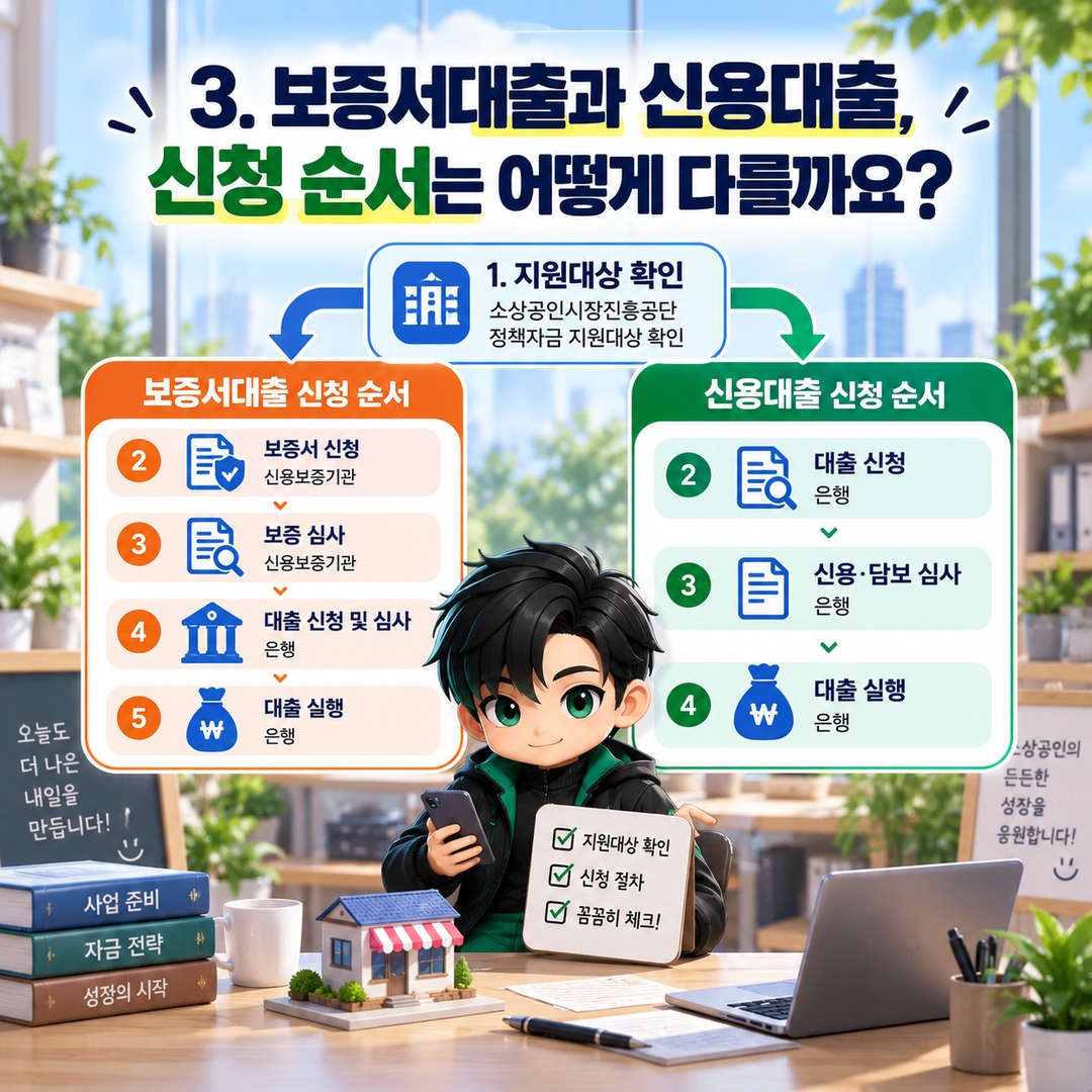 2026 소상공인 대리대출 보증서 꼭 필요할까? 신용대출·보증서대출 신청 경로와 비용 차이 - 3. 보증서대출과 신용대출, 신청 순서는 어떻게 다를까요? 핵심 내용을 정리한 정보형 이미지