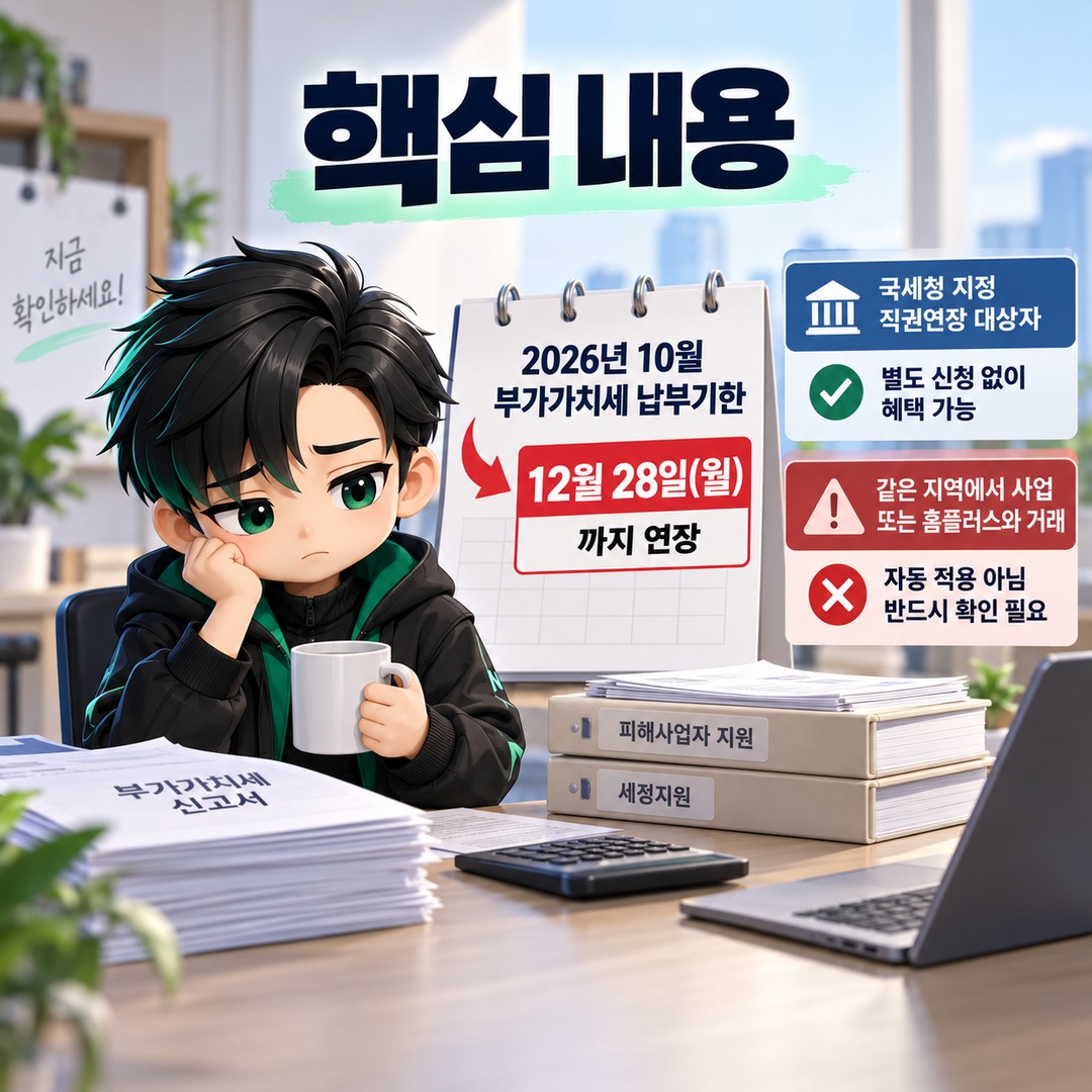 2026년 부가세 납부기한 12월 28일 연장, 호우·홈플러스 피해사업자도 신청해야 할까? - 핵심 내용 핵심 내용을 정리한 정보형 이미지