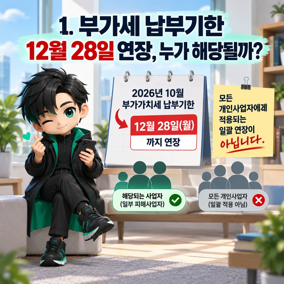 2026년 부가세 납부기한 12월 28일 연장, 호우·홈플러스 피해사업자도 신청해야 할까? - 1. 부가세 납부기한 12월 28일 연장, 누가 해당될까? 핵심 내용을 정리한 정보형 이미지