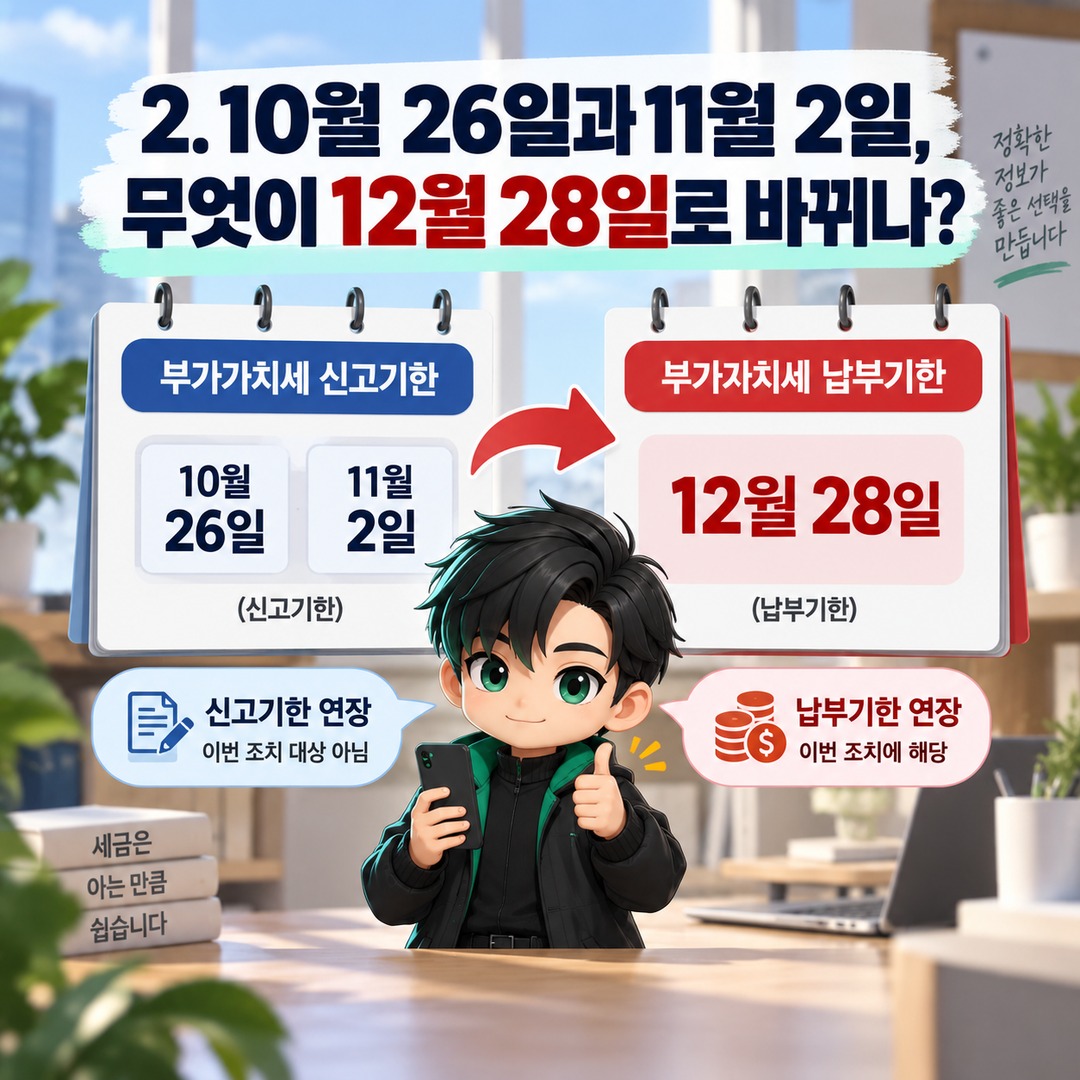 2026년 부가세 납부기한 12월 28일 연장, 호우·홈플러스 피해사업자도 신청해야 할까? - 2. 10월 26일과 11월 2일, 무엇이 12월 28일로 바뀌나? 핵심 내용을 정리한 정보형 이미지