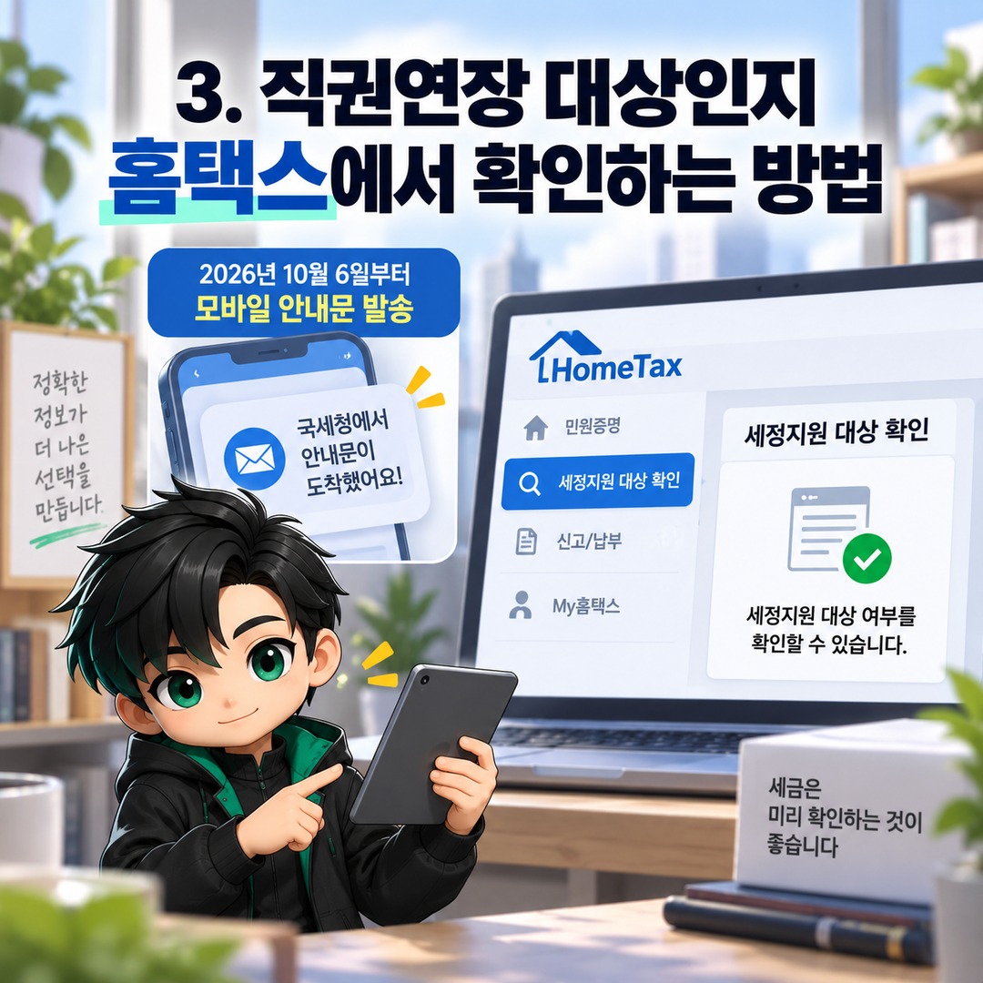 2026년 부가세 납부기한 12월 28일 연장, 호우·홈플러스 피해사업자도 신청해야 할까? - 3. 직권연장 대상인지 홈택스에서 확인하는 방법 핵심 내용을 정리한 정보형 이미지