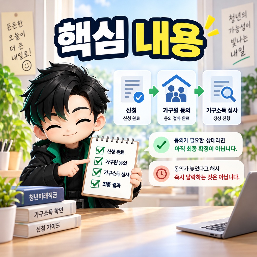 청년미래적금 가구원 동의 안 하면 심사 탈락할까? 2026년 2차 가구소득 확인 방법 - 핵심 내용 핵심 내용을 정리한 정보형 이미지