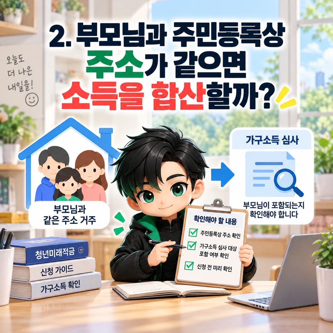청년미래적금 가구원 동의 안 하면 심사 탈락할까? 2026년 2차 가구소득 확인 방법 - 2. 부모님과 주민등록상 주소가 같으면 소득을 합산할까? 핵심 내용을 정리한 정보형 이미지