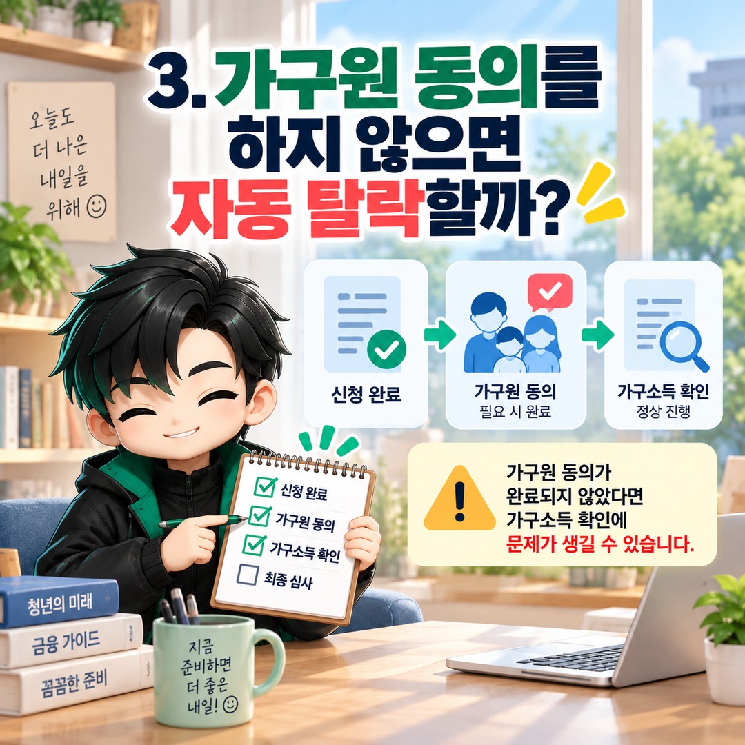 청년미래적금 가구원 동의 안 하면 심사 탈락할까? 2026년 2차 가구소득 확인 방법 - 3. 가구원 동의를 하지 않으면 자동 탈락할까? 핵심 내용을 정리한 정보형 이미지