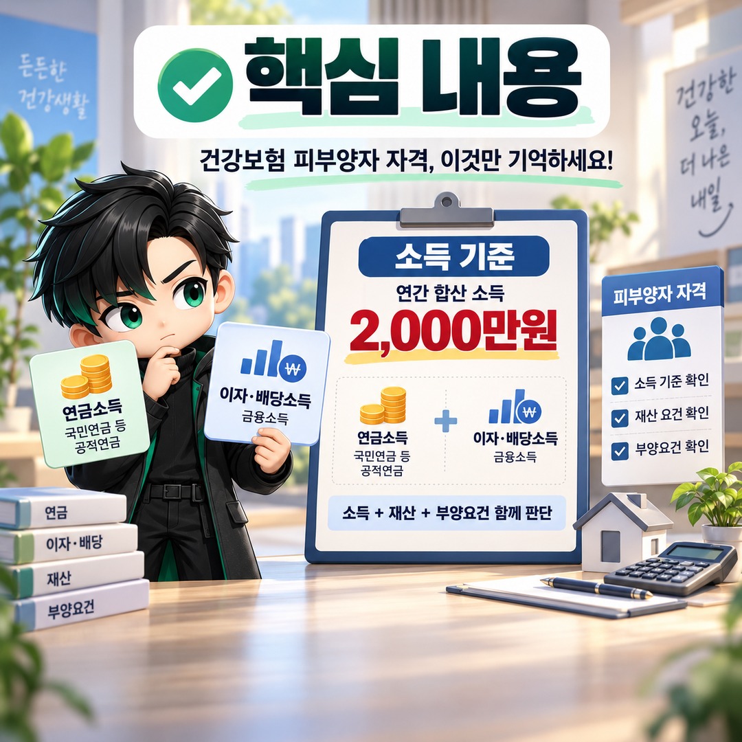 2026년 11월 건강보험 피부양자 재심사, 연금·이자소득 2,000만원 기준과 지역보험료 계산 - 핵심 내용 핵심 내용을 정리한 정보형 이미지