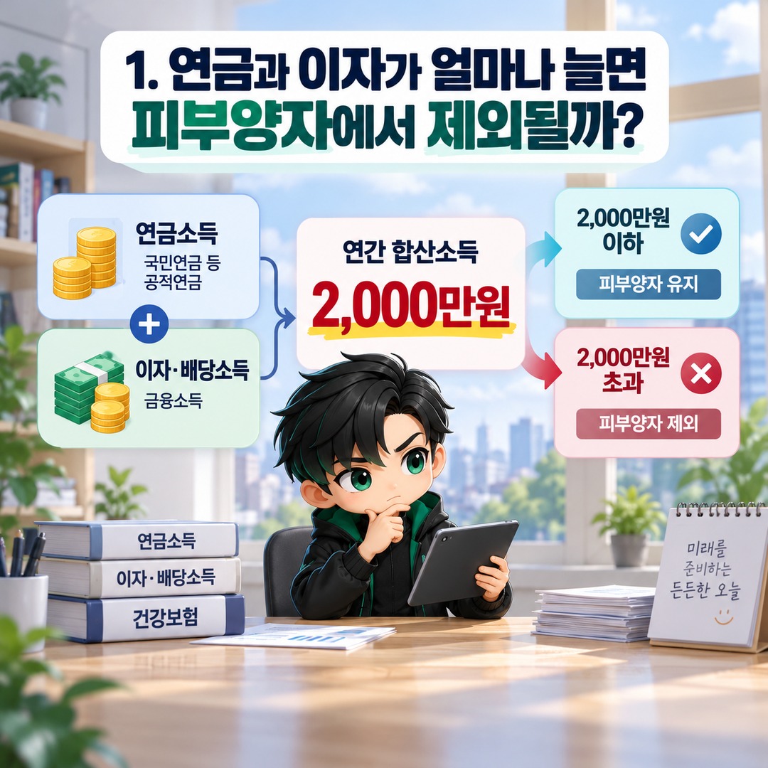 2026년 11월 건강보험 피부양자 재심사, 연금·이자소득 2,000만원 기준과 지역보험료 계산 - 1. 연금과 이자가 얼마나 늘면 피부양자에서 제외될까? 핵심 내용을 정리한 정보형 이미지