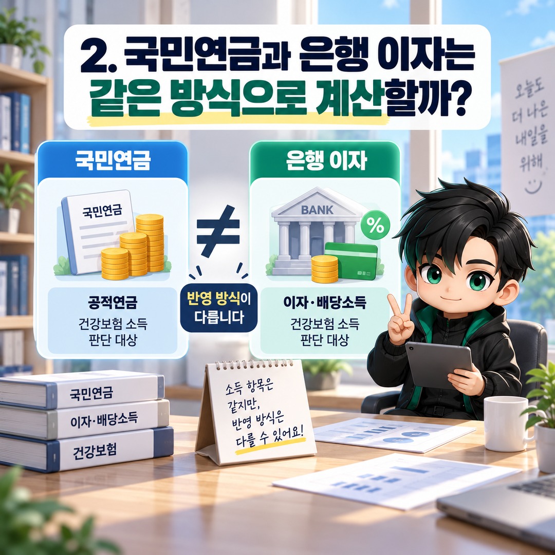 2026년 11월 건강보험 피부양자 재심사, 연금·이자소득 2,000만원 기준과 지역보험료 계산 - 2. 국민연금과 은행 이자는 같은 방식으로 계산할까? 핵심 내용을 정리한 정보형 이미지