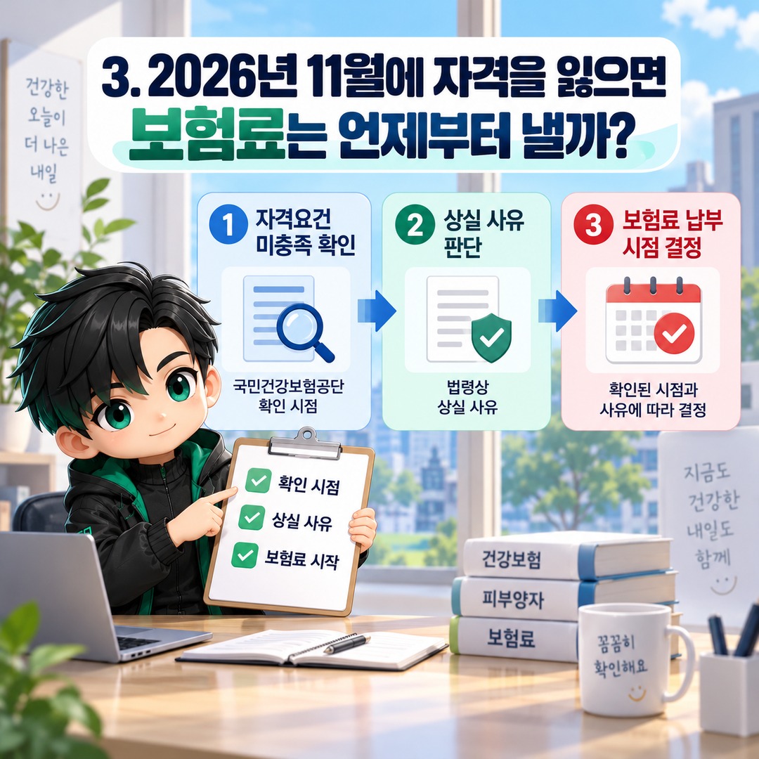 2026년 11월 건강보험 피부양자 재심사, 연금·이자소득 2,000만원 기준과 지역보험료 계산 - 3. 2026년 11월에 자격을 잃으면 보험료는 언제부터 낼까? 핵심 내용을 정리한 정보형 이미지