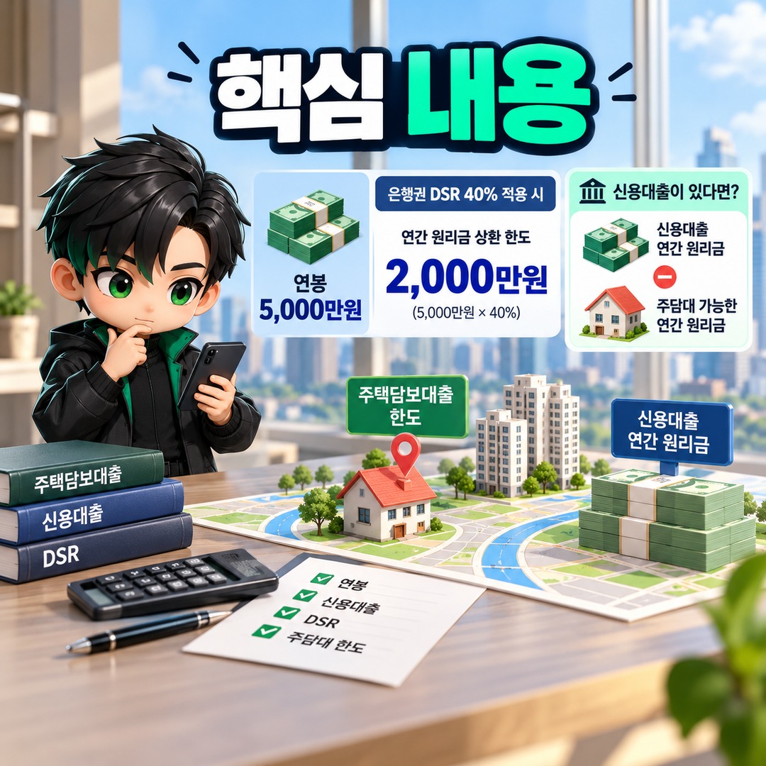2026 mortgage loan limit on an annual salary of KRW 50,000,000: How much does an existing personal loan change it? Stress DSR calculation guide - Informational image summarizing th