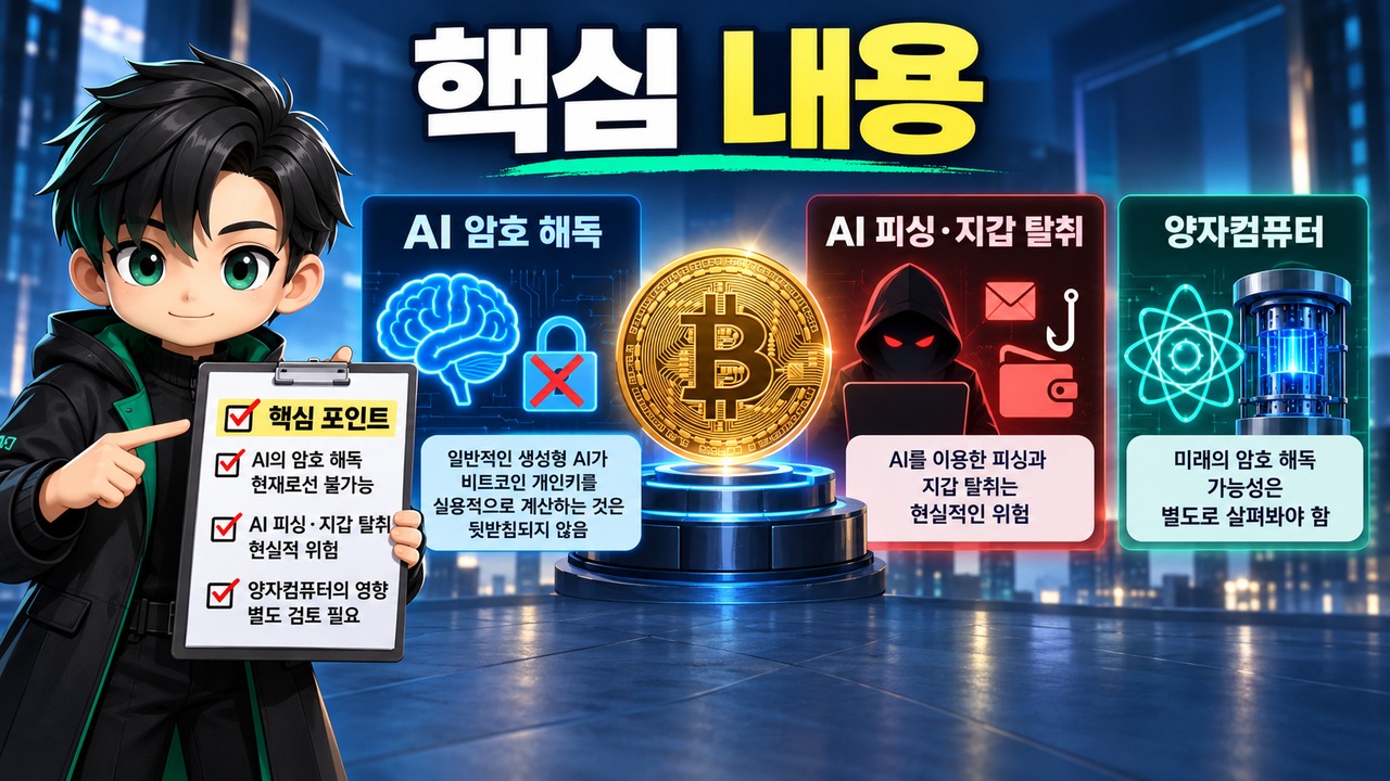 AI가 비트코인을 뚫을 수 있을까? 암호 해독·지갑 탈취·양자컴퓨터의 차이 - 핵심 내용 핵심 내용을 정리한 정보형 이미지