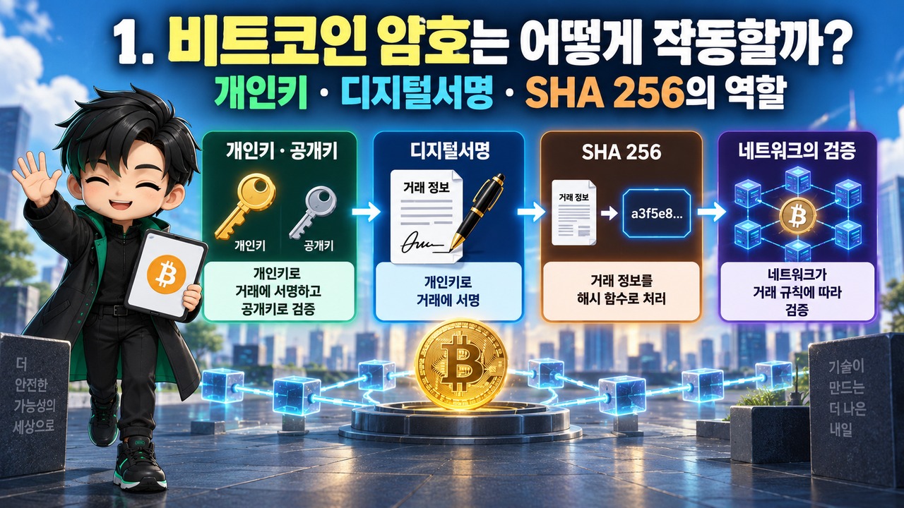 AI가 비트코인을 뚫을 수 있을까? 암호 해독·지갑 탈취·양자컴퓨터의 차이 - 1. 비트코인 암호는 어떻게 작동할까? 개인키·디지털서명·SHA 256의 역할 핵심 내용을 정리한 정보형 이미지