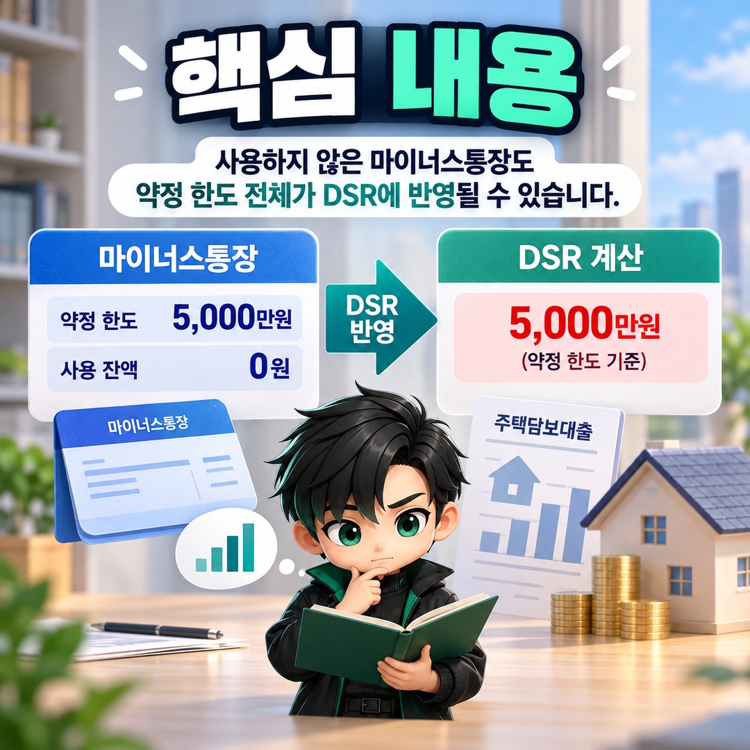 마이너스통장 잔액 0원인데 주담대 한도가 줄어든다? DSR에 잡히는 금액과 해결 방법 - 핵심 내용 핵심 내용을 정리한 정보형 이미지