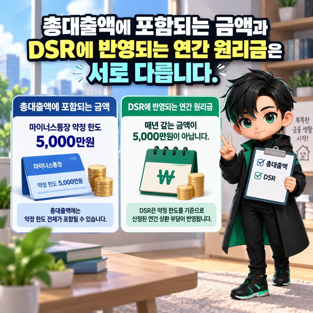 마이너스통장 잔액 0원인데 주담대 한도가 줄어든다? DSR에 잡히는 금액과 해결 방법 - 총대출액에 포함되는 금액과 DSR에 반영되는 연간 원리금은 서로 다릅니다. 핵심 내용을 정리한 정보형 이미지