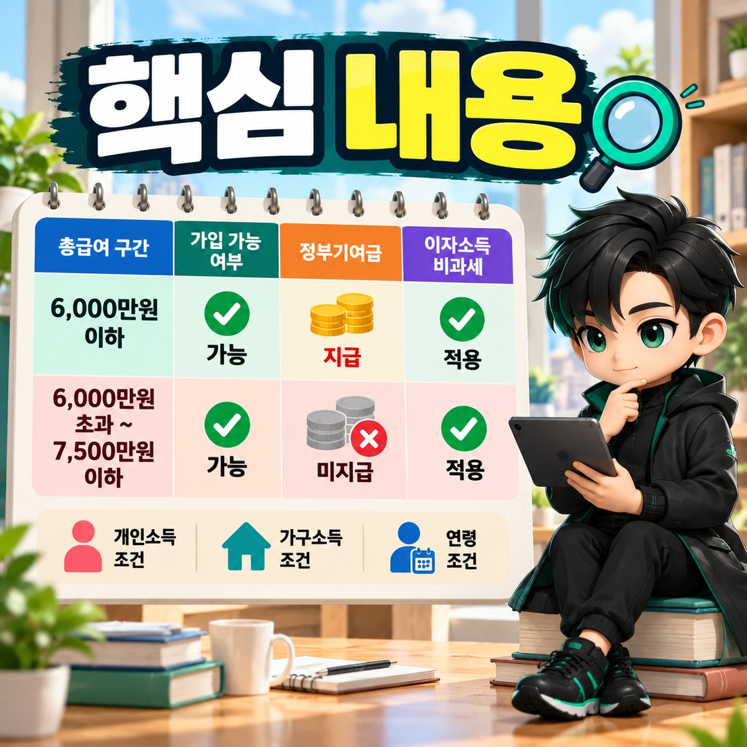 청년미래적금 연봉 6천만원 넘으면 탈락? 7,500만원까지 가입 가능하지만 정부기여금은 다릅니다 - 핵심 내용 핵심 내용을 정리한 정보형 이미지