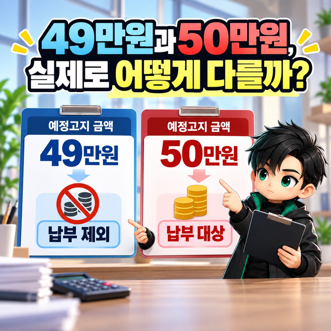 2026 VAT preliminary notice below KRW 500,000: Infographic comparing KRW 490,000 and KRW 500,000