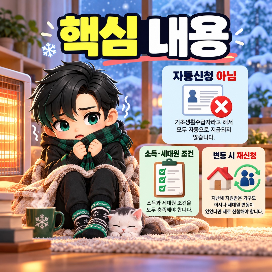 2026년 에너지바우처 겨울 난방비 지원, 기초생활수급자 자동신청 조건과 최대 70만 1300원 사용법 - 핵심 내용 핵심 내용을 정리한 정보형 이미지