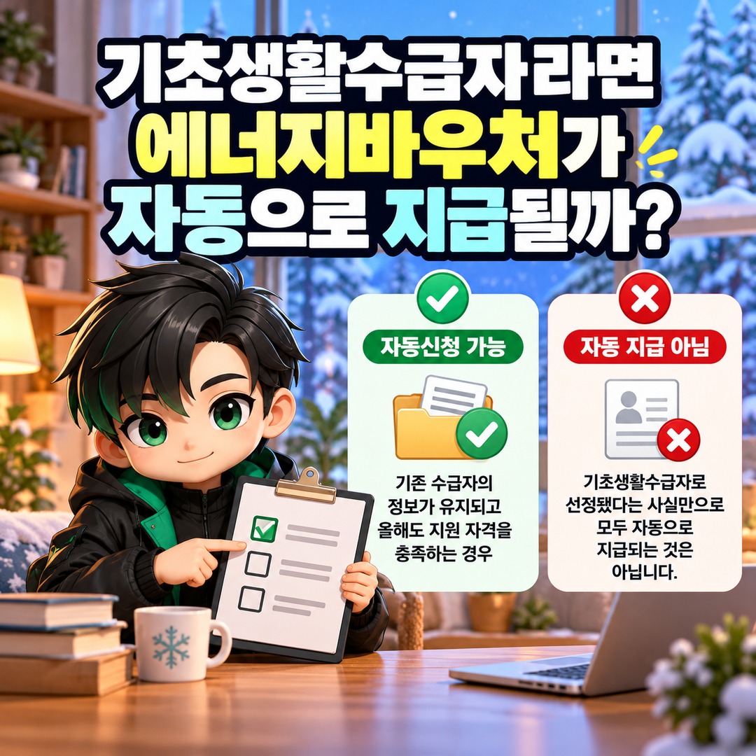 2026년 에너지바우처 겨울 난방비 지원, 기초생활수급자 자동신청 조건과 최대 70만 1300원 사용법 - 기초생활수급자라면 에너지바우처가 자동으로 지급될까? 핵심 내용을 정리한 정보형 이미지