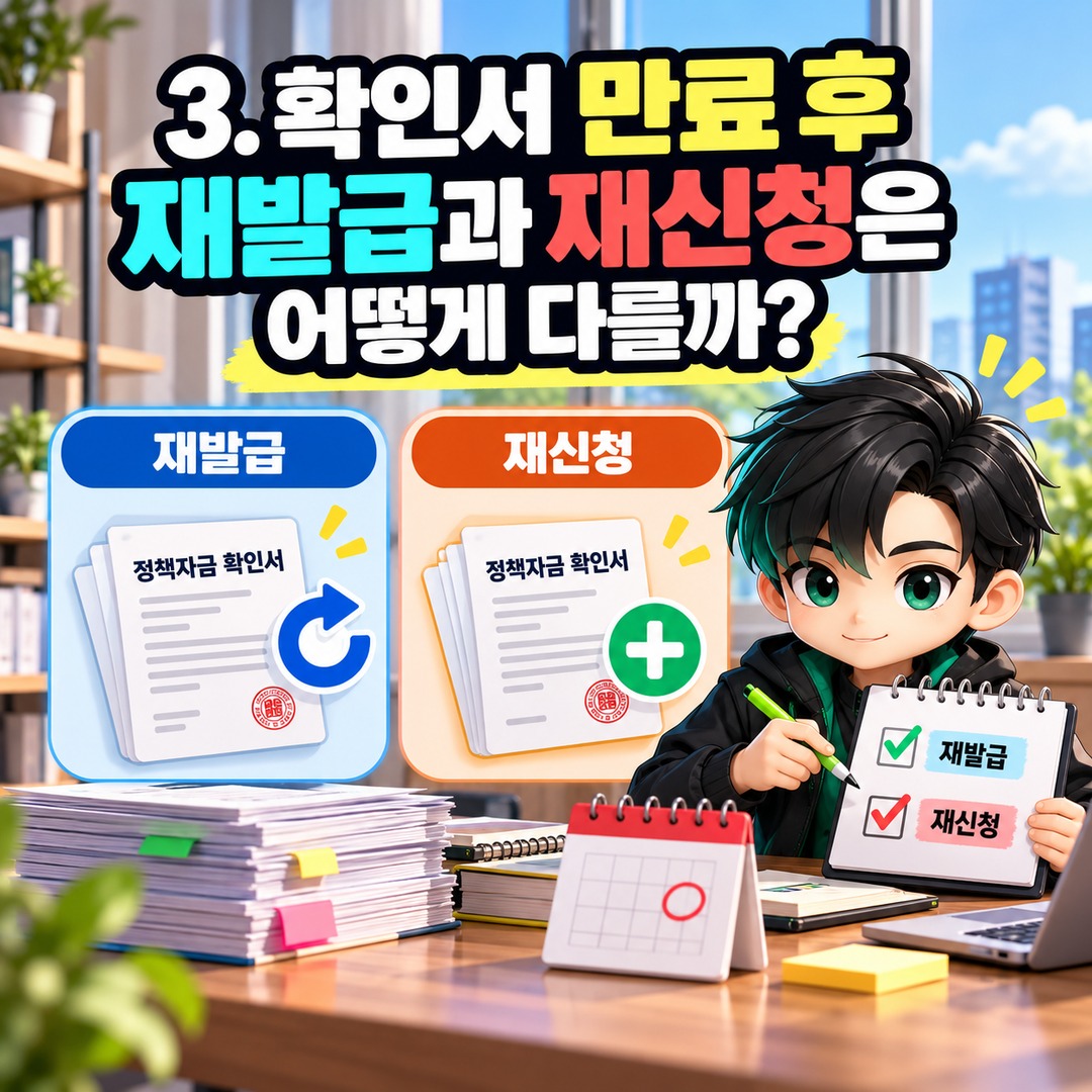2026 소상공인 정책자금 확인서 유효기간 지나면? 60일·90일 혼동과 재신청 방법 - 3. 확인서 만료 후 재발급과 재신청은 어떻게 다를까? 핵심 내용을 정리한 정보형 이미지