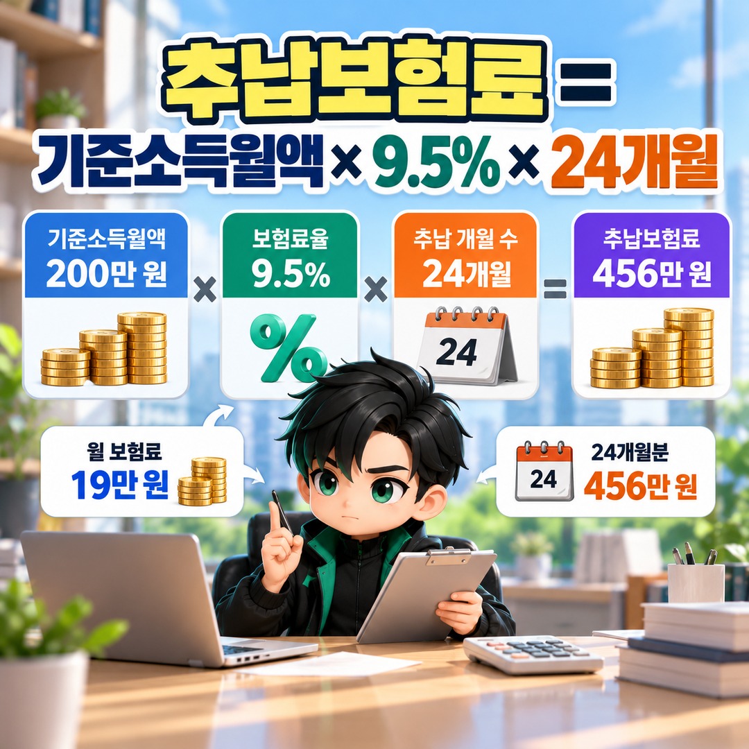 2026 National Pension back-payment costs for 24 months at the 9.5% contribution rate — informational graphic illustrating the retroactive contribution formula
