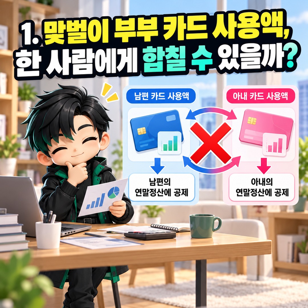 2026 연말정산 맞벌이 부부 카드값 몰아주기 가능할까? 가족카드·소득공제 기준이 다릅니다 - 1. 맞벌이 부부 카드 사용액, 한 사람에게 합칠 수 있을까? 핵심 내용을 정리한 정보형 이미지