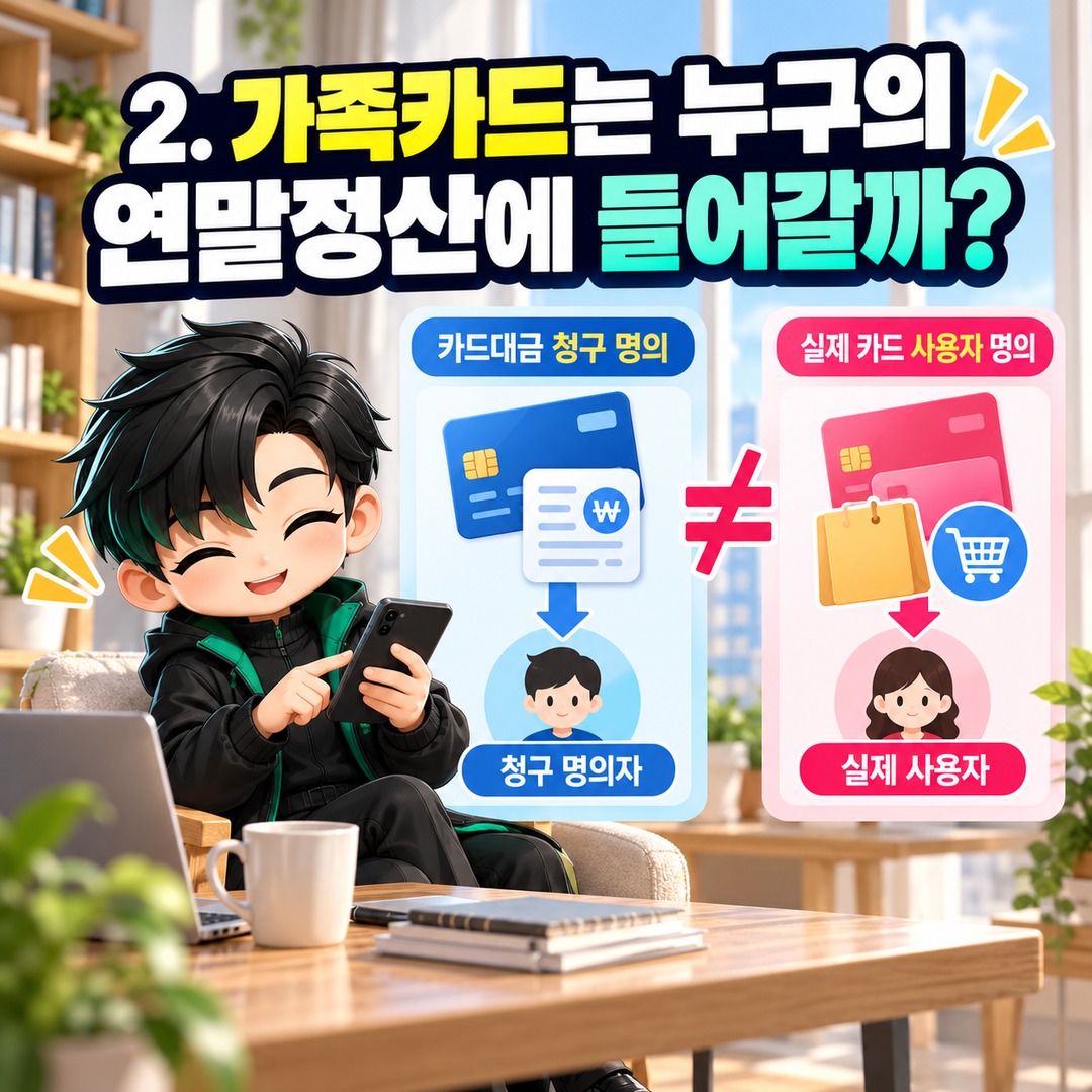 2026 연말정산 맞벌이 부부 카드값 몰아주기 가능할까? 가족카드·소득공제 기준이 다릅니다 - 2. 가족카드는 누구의 연말정산에 들어갈까? 핵심 내용을 정리한 정보형 이미지